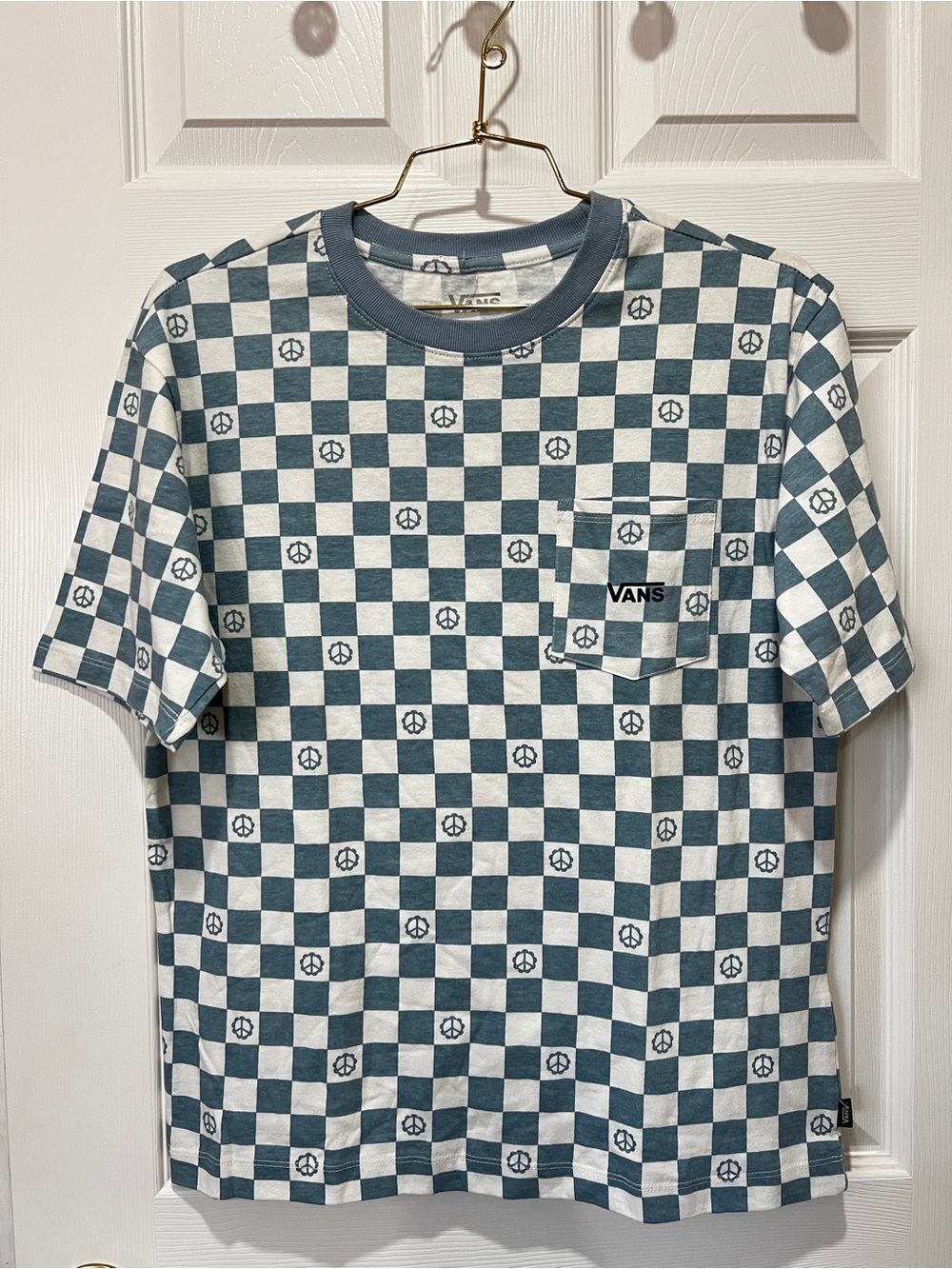 Vans Peace Pocket Checkered Tee Size Small 100% Cotton Loose Fit White/Blue